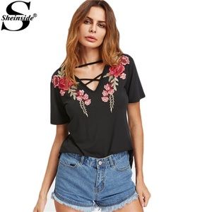 Crisscross V neck Rose T-Shirt
